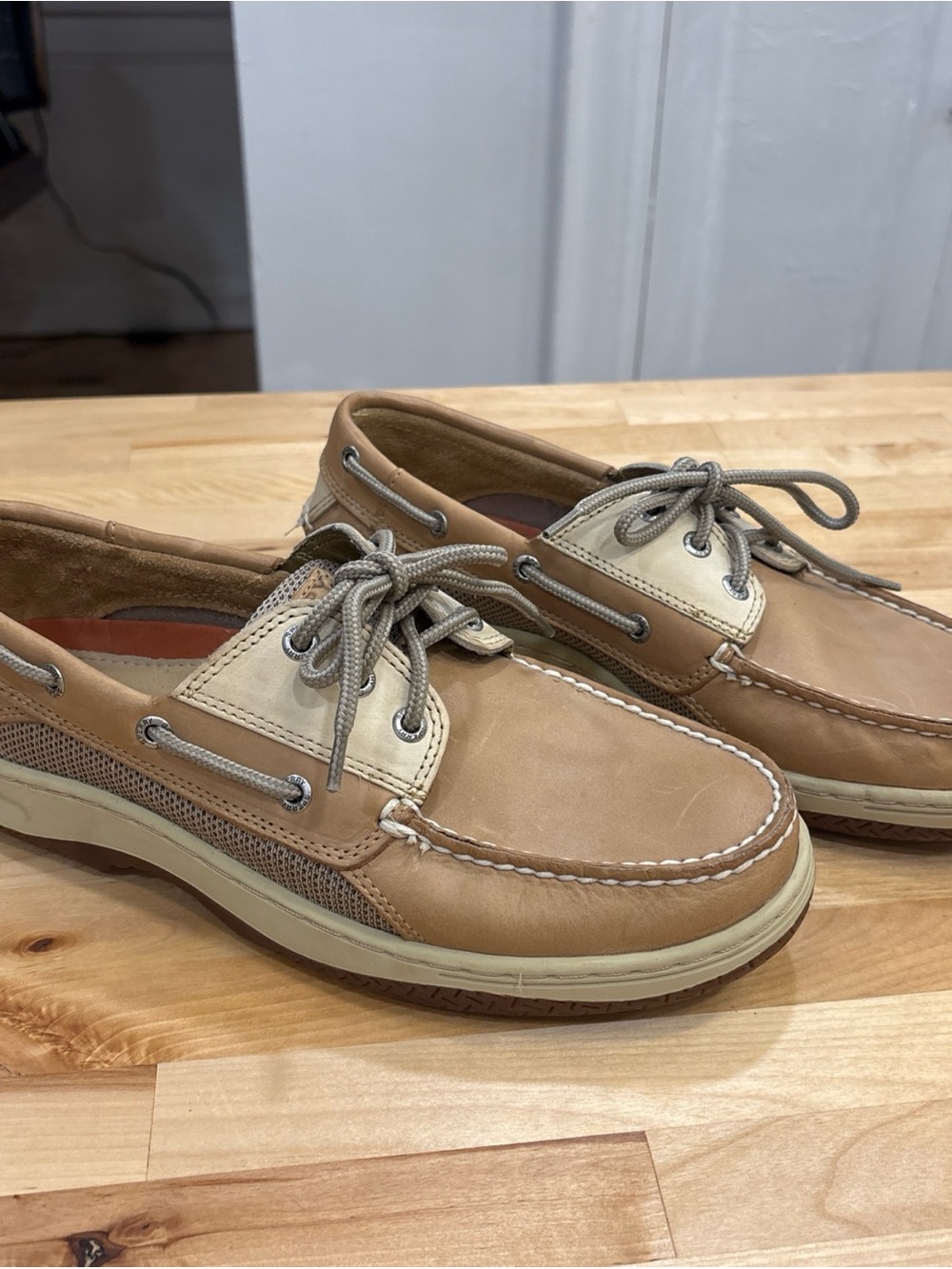 Sperry Men's Billfish 3-Eye Boat Shoe Tan Leather/ Fabric Sz 9 Excellent